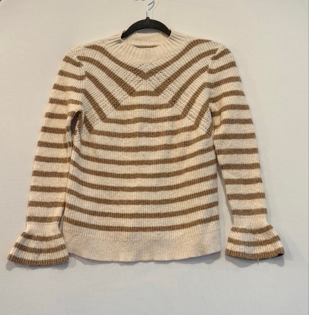 LOFT Womens M Cream Taupe Striped Knit Sweater Bell Sleeve Cozy Neutral